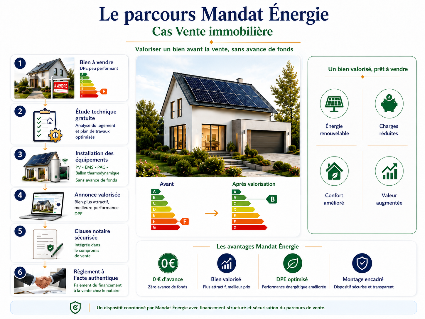 Parcours vendeur Mandat Énergie : étude, équipements installés, vente au prix tenu, transfert à l'acte