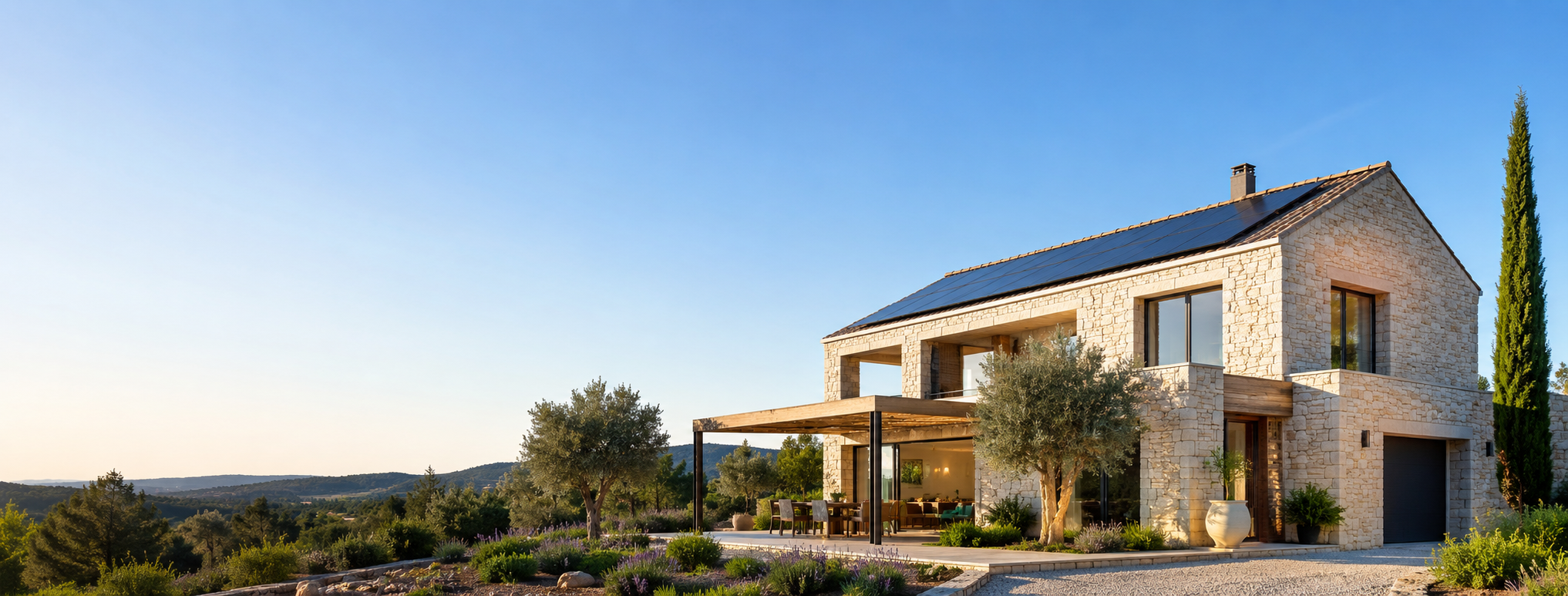 Maison équipée de panneaux photovoltaïques dans le sud de la France