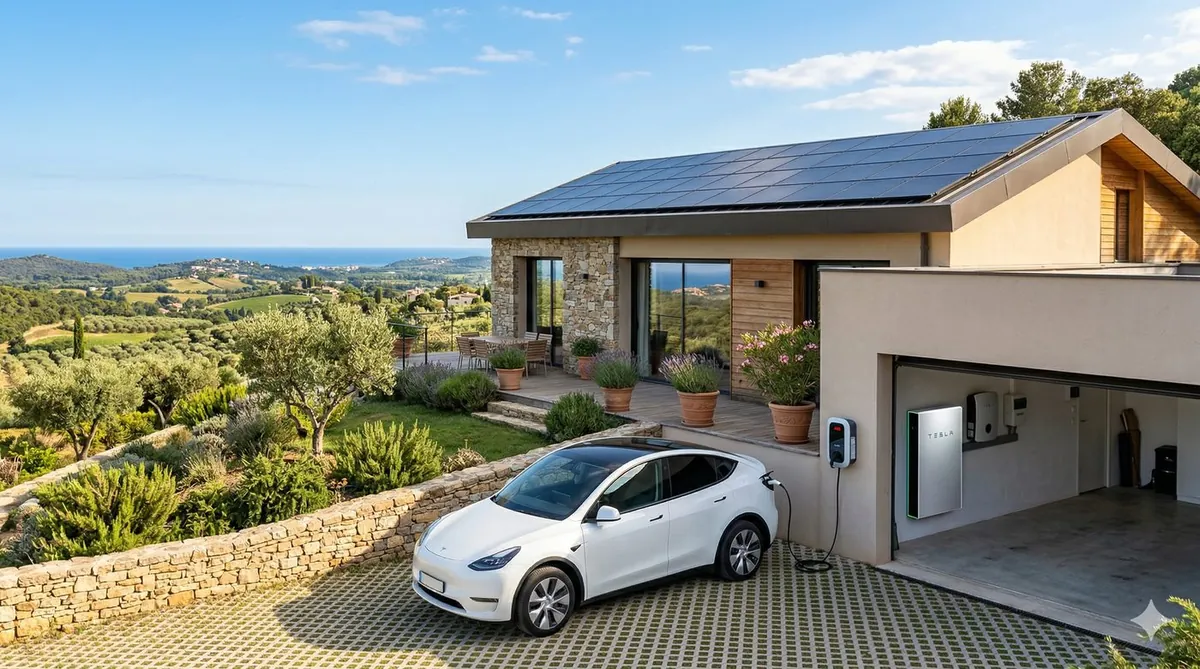 Maison avec panneaux solaires en toiture, batterie murale et borne de recharge dans le garage